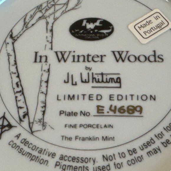 Franklin Mint In Winter Woods Collector Plate by J.L. Whiting #E4689 HTF - Picture 2 of 2